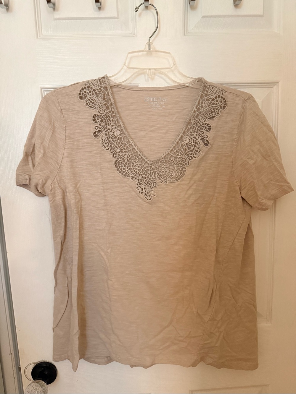 Chico's Beige V-Neck Top with Lace Trim